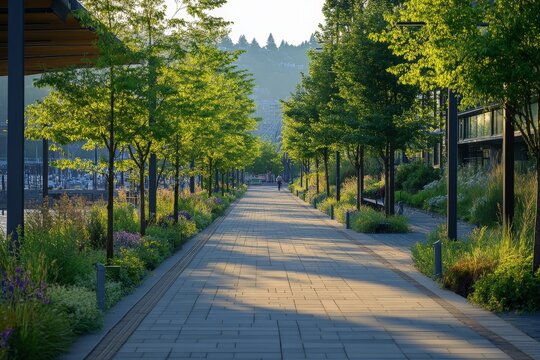 Scenic walkway lined with trees and blooming flowers near the waterfront in early morning light - Powered by Adobe