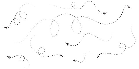 Set of hand drawn Dashed Arrows. Vector illustration. Isolated on white background. Variety Design. EPS 10