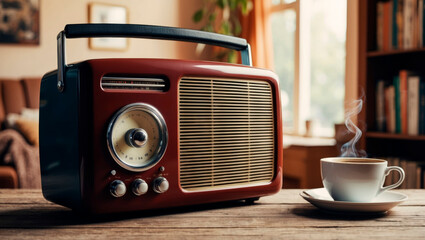 A retro radio receiver in a cozy room with a bookshelf and a cup of coffee.