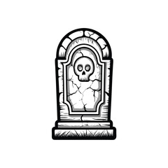 Design a gothic tombstone engraving featuring a detailed skull with cracked bone texture, incorporating ivy or other creeping plants.  Aim for a high-resolution, realistic rendering.