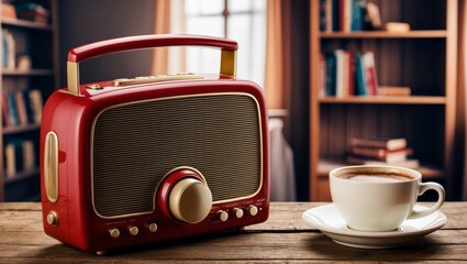 A retro radio receiver in a cozy room with a bookshelf and a cup of coffee.