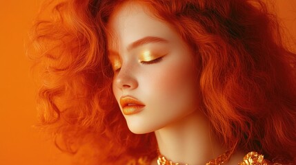 Fototapeta premium Female with vibrant red hair and gold makeup on orange background