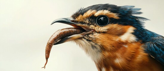 Fototapeta premium Bird eating worm, close-up, white background, nature