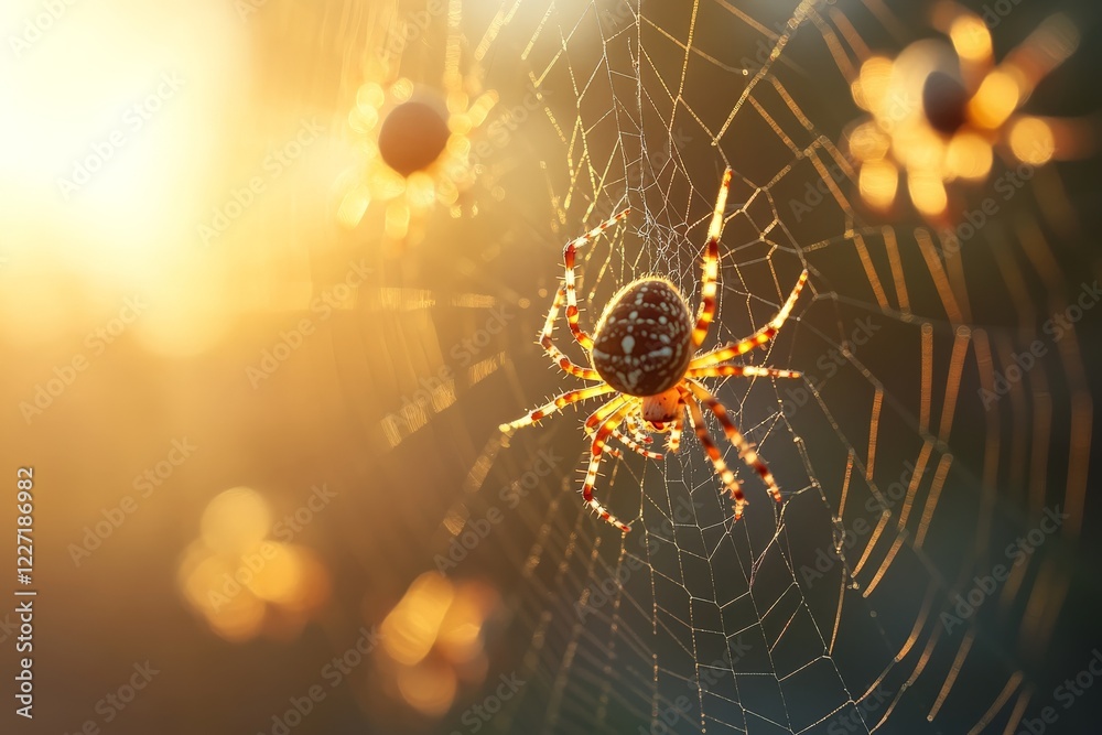 Poster Close-up view of a spider weaving its intricate web during golden hour with sunlight glowing behind