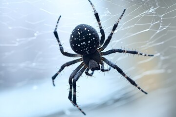 Black spider building a web with a speckled abdomen in a close-up shot