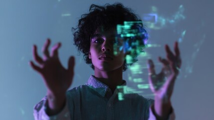 Asian young male interacting with futuristic holographic interface