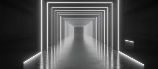 Fototapeta premium Glowing neon corridor, dark background, reflective floor, futuristic design