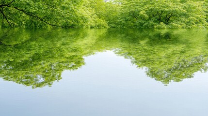 Tranquil lake reflection, lush green trees, peaceful scenery, nature backdrop, ideal for relaxation themes