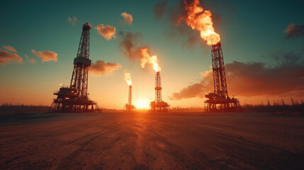 Obraz premium A breathtaking view of multiple oil drilling rigs silhouetted against a vibrant sunset