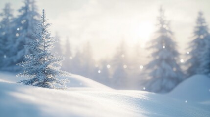 Snowy winter tree, sunrise forest, snowfall, holiday card