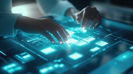 Futuristic interface interaction with glowing holographic elements