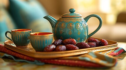  table set with Ramadan sweets, dates, and drinks, festive and vibrant, cozy living room background