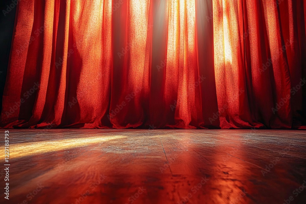 Aufkleber bright sunlight filtering through red curtains in a theater showcasing exquisite texture and warm am