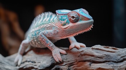 Obraz premium The colorful chameleon, with its vivid hues changing, clings to a branch, displaying the mesmerizing beauty and uniqueness of tropical animals.