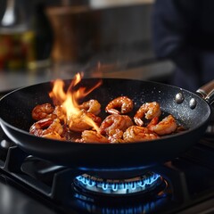 Flaming shrimp sizzling in a pan.