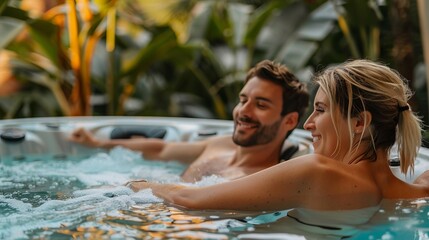 Fototapeta premium A joyful couple relaxing in a hot tub surrounded by lush greenery, enjoying a moment of tranquility and connection in nature.