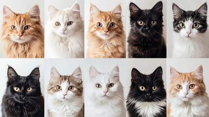 Diverse feline portraits: ten cats of various breeds and colors
