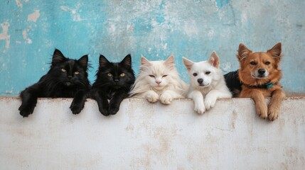 Two cats and three dogs relaxing together on a wall