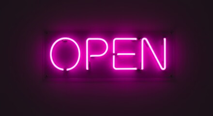 Pink Neon Open Sign Glowing in the Dark