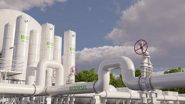 Chemical factory for Biodiesel. Biofuel produced through a chemical process transesterification. Feedstock: vegetable oils, animal fats or waste cooking oils. Time lapse. 3d rendering.