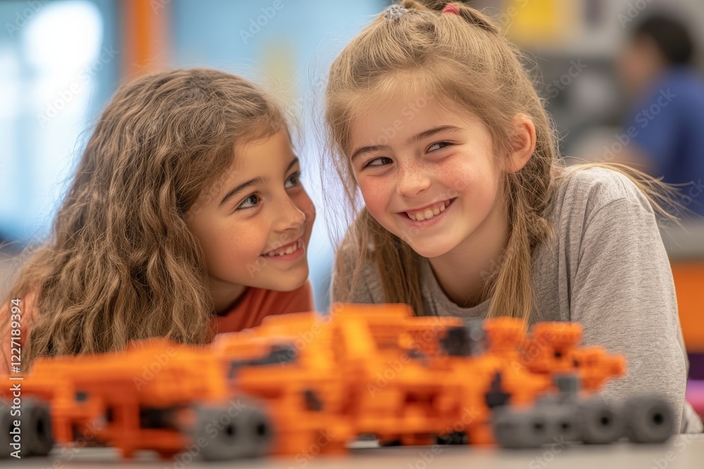 Poster two children enjoy building with orange construction toys in a creative play environment at a classr