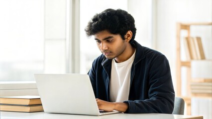 Fototapeta premium Indian Student Using Laptop – A student engaged in online research, coding, or virtual learning. 