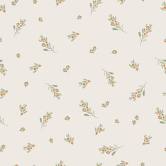 Seamless pattern with flowers. A branch with berries and leaves. Surface design for gift paper, wallpaper, web page background, greeting cards, textile.