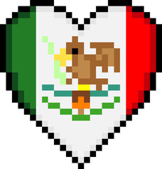 Fototapeta premium Mexican flag with heart shape in pixel art style