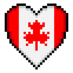 Canadian flag with heart shape in pixel art style