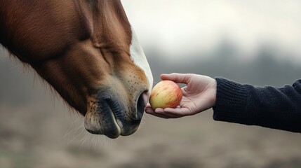 Obraz premium Chestnut horse eats apple from hand, foggy field background, autumn pet care