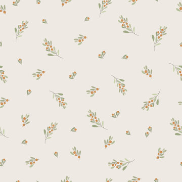 Fototapeta Seamless pattern with flowers. A branch with berries and leaves. Surface design for gift paper, wallpaper, web page background, greeting cards, textile.