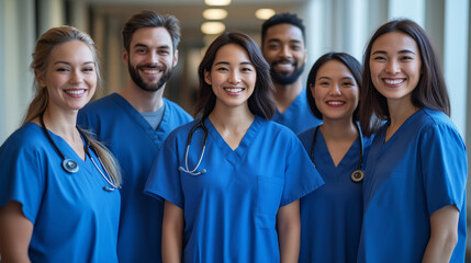 A group of five nurses, three women and two men, dressed in medical scrubs, standing in a hospital corridor with soft lighting. Their caring and dedicated expressions make the image feel welcoming and
