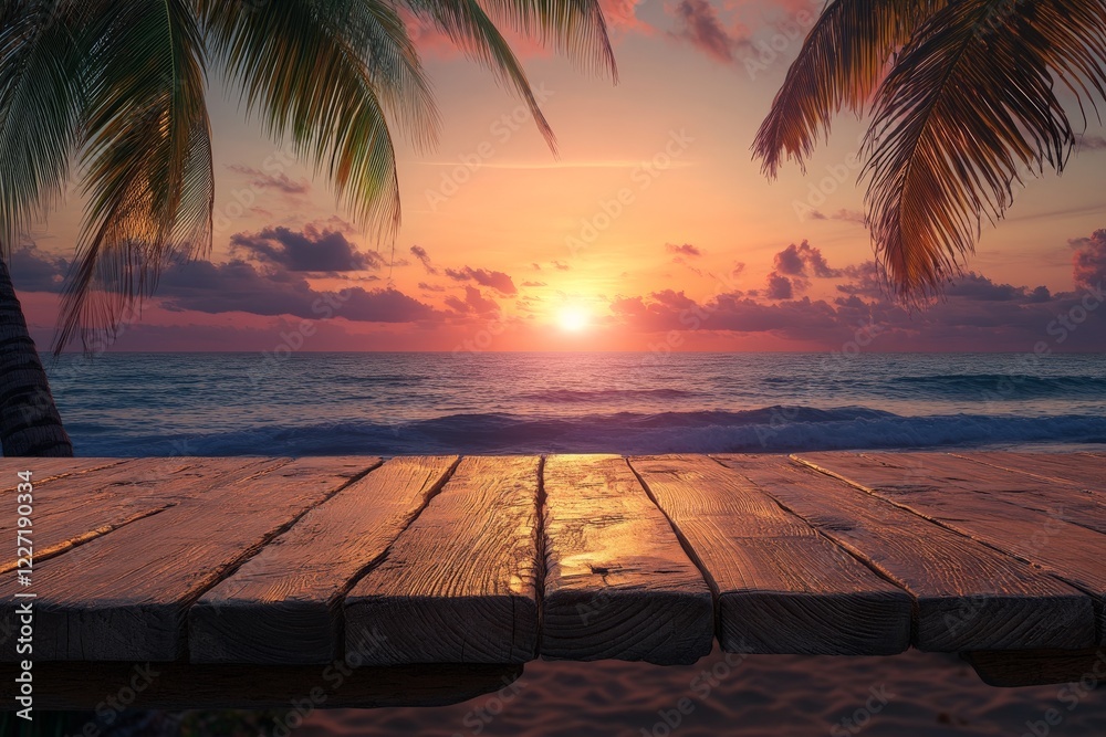 Poster Sunset view over the ocean with palm trees and a wooden table in the foreground creating a serene atmosphere