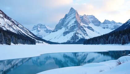 Snow-covered granite peaks rise above a frozen lake, snow, nature