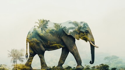 Fototapeta premium The majestic form of an elephant gracefully walks through a lush jungle, its outline merging with the vibrant greenery in a beautiful double exposure effect, celebrating wildlife.