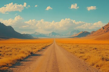 Vast dirt road stretches through golden fields and mountains under a bright blue sky with scattered clouds