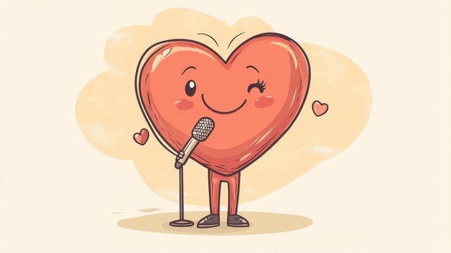 Cute heart vektor illustration mascot character on front of the mic become a stand up comedian, work of hand drawn