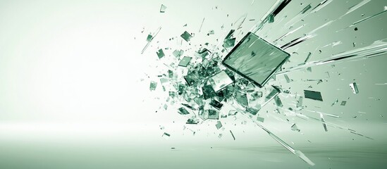 Screen shattering, explosion, digital debris, green background, tech failure