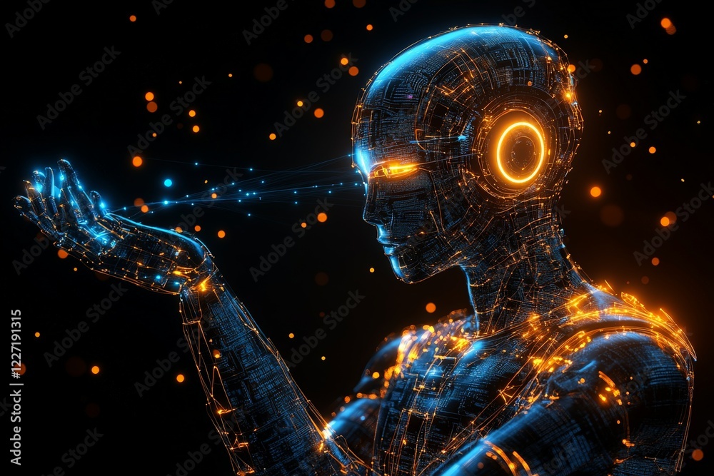 Fototapete human-like robot with glowing circuits holds light particles in its hand during futuristic digital d