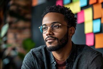 Young man in thoughtful expression with colorful sticky notes in background at modern workspace
