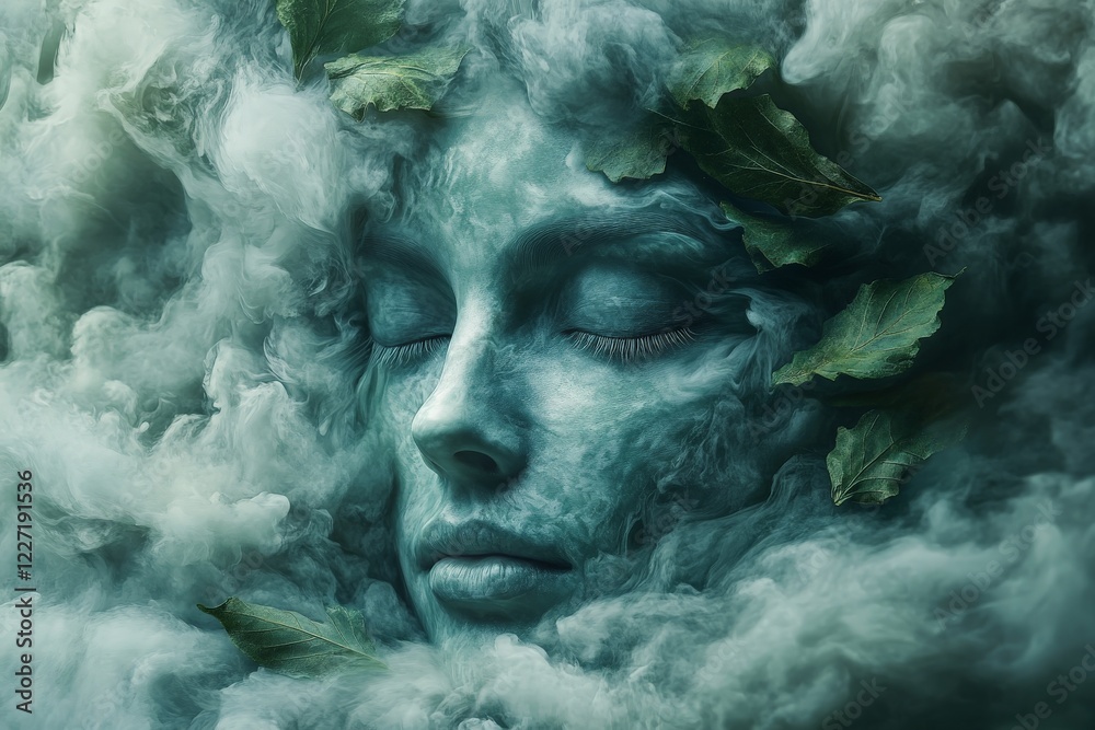 Poster woman's face blending into misty clouds and foliage creates an ethereal atmosphere of tranquility an