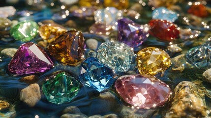 Multicolored precious beautiful stones in water. Selective focus.
