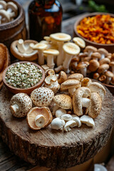 Fototapeta premium A wooden table topped with bowls of mushrooms and bowls of food