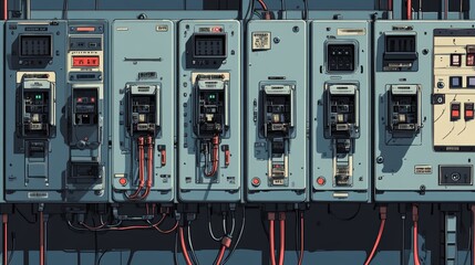 Electrical circuit breaker panel with multiple switches. Vector image illustrating electrical safety equipment, suitable for educational or industrial purposes
