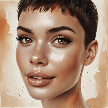 bella donna con capelli a frangetta corta, sguardo luminoso e sorriso gentile, Beautiful woman with short bangs hair, bright gaze and gentle smile