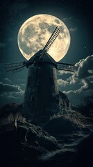 Ancient Windmill Stands Tall Under Full Moon Night