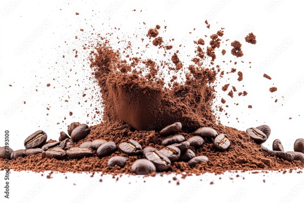 Aufkleber Ground coffee beans splashing from the surface in a dynamic display of texture and richness