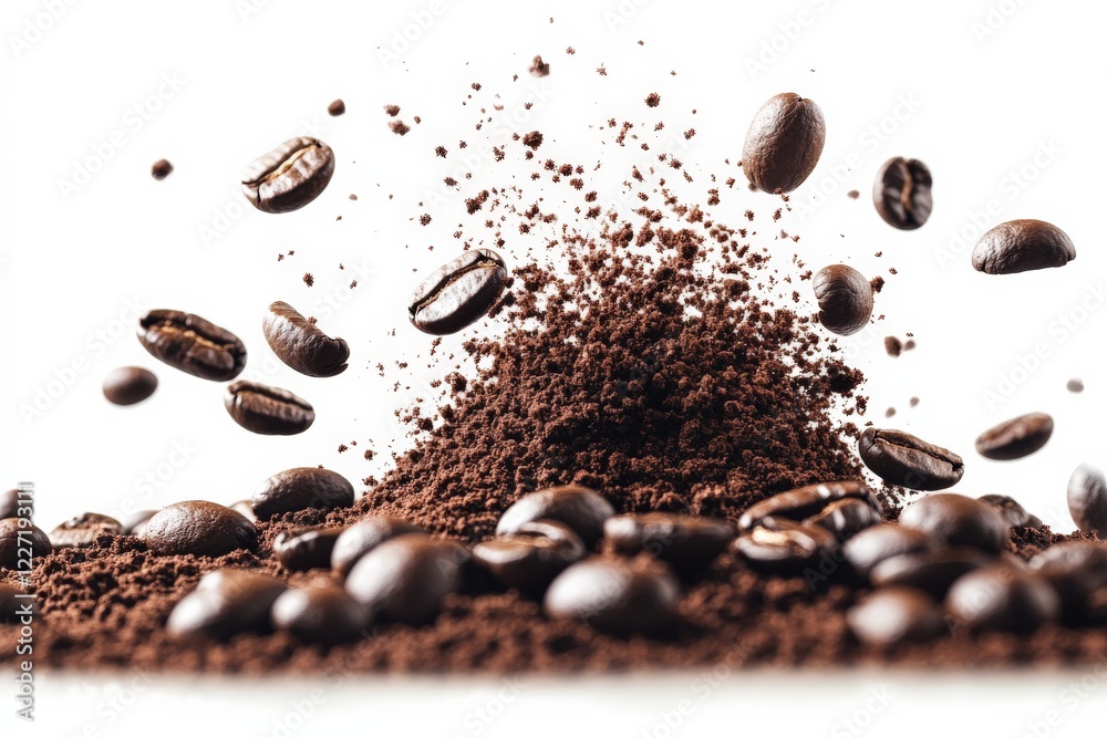 Poster ground coffee and coffee beans creating an energetic burst in a coffee preparation setting
