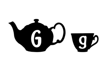 Teapot and tea cup retro tag with Latin letter G on white background