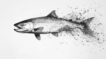 Obraz premium realistic black and white vector artwork of a jumping salmon with textured details, showcasing aquatic life in dynamic motion with splashes of water.